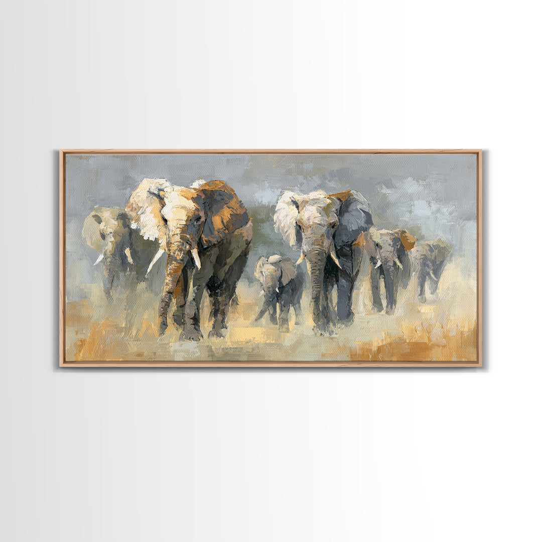 Elephant Family Walking Through Dusty Golden Light Framed Canvas Print, Animal Art, Art Print, Living Room Decor, Creature, ANI-2x1-34