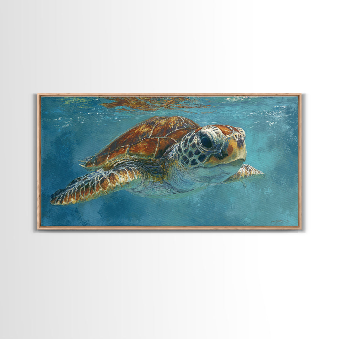 Sea Turtle Drifting Through Luminous Blue Water Canvas Print, Animal Art, Fine Art Print, Living Room Decor, Creature, ANI-2x1-38