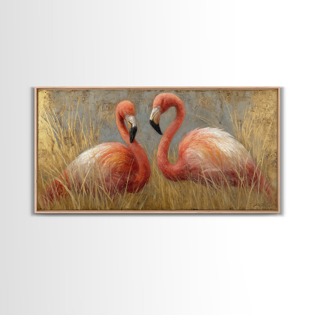 Flamingo Pair in Elegant Coral and Cream Canvas Print, Animal Art, Decor, Living Room Decor, Oil Painting, Creature, ANI-2x1-39