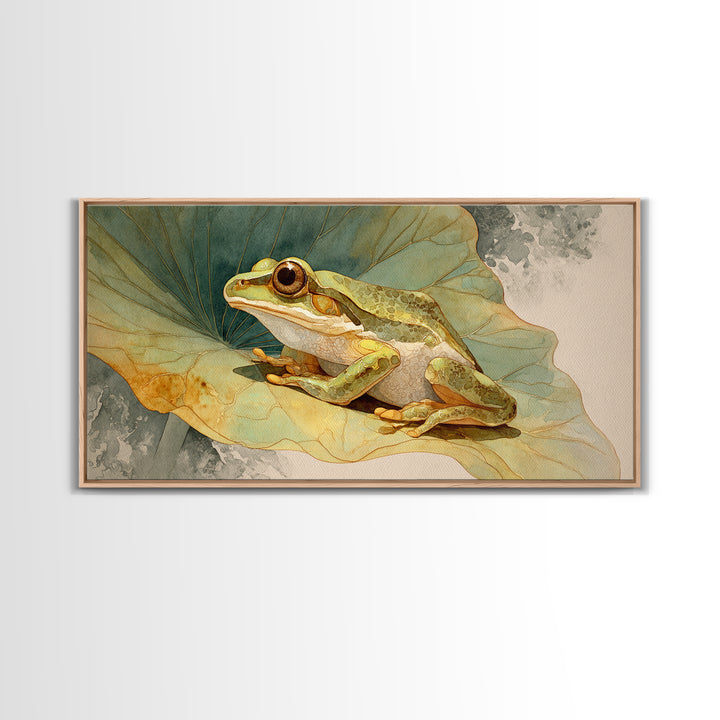 Frog on a Lotus Leaf Framed Canvas Print, Animal Art, Home Decor, Living Room Decor, Fine Art, Creature, Art Deco, Original Art, ANI-2x1-40