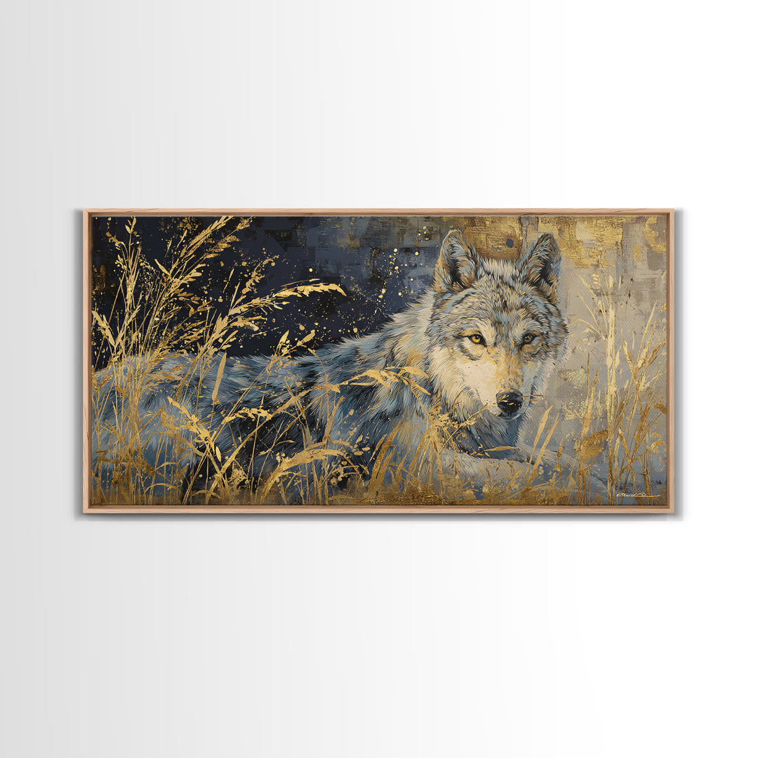 Wolf Silhouette Beneath a Star Filled Sky Framed Canvas Print, Animal Art, Statement Artwork, Living Room Decor, Creature, ANI-2x1-42