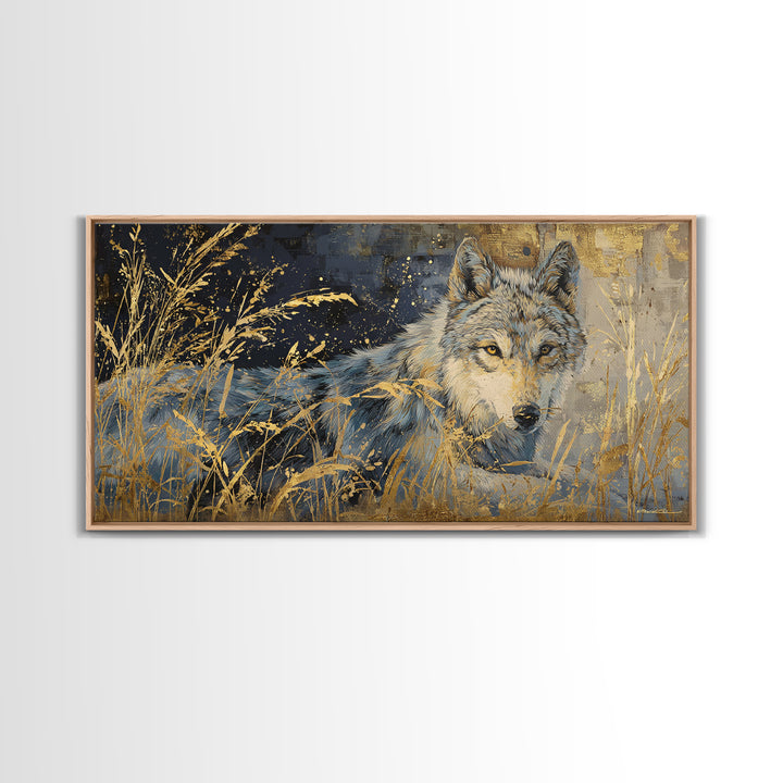 Wolf Silhouette Beneath a Star Filled Sky Framed Canvas Print, Animal Art, Statement Artwork, Living Room Decor, Creature, ANI-2x1-42