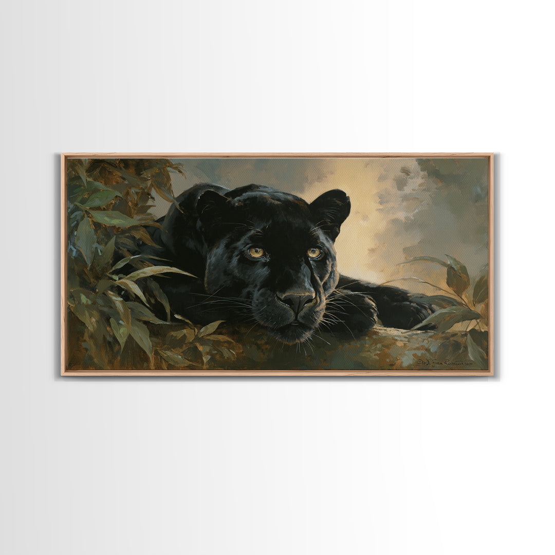 Dramatic Black Panther Emerging from Deep Jungle Canvas Print, Animal Art, Minimalist Decor, Living Room Decor, Creature, ANI-2x1-50