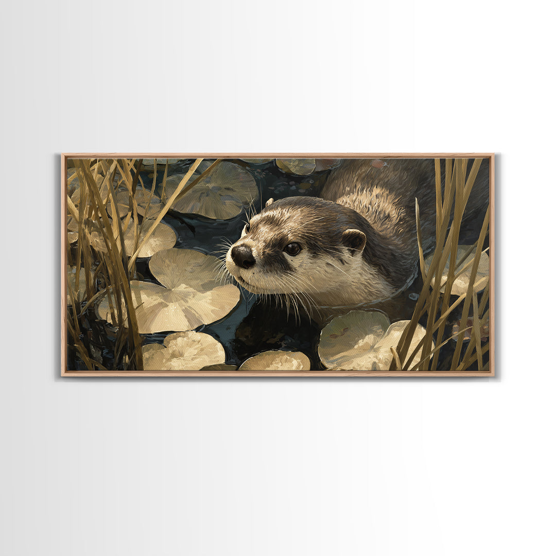 Playful Otter Floating Among Lily Pads Canvas Print, Animal Art, Decor, Living Room Decor, Fine Art, Creature, Digital Print, ANI-2x1-52