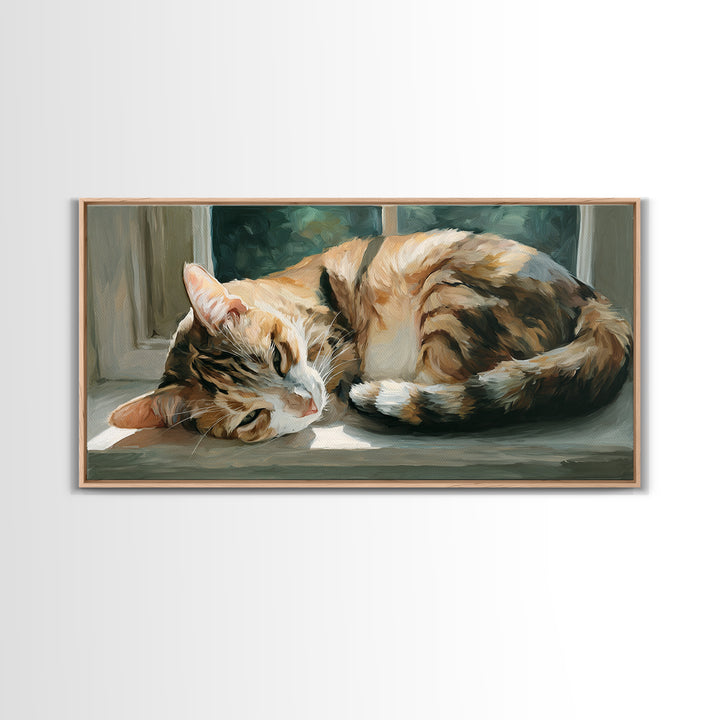 Sleeping Cat Curled Framed Canvas Print, Animal Art, Digital Prints, Living Room Decor, Fine Art, Creature, Printable Art, ANI-2x1-56