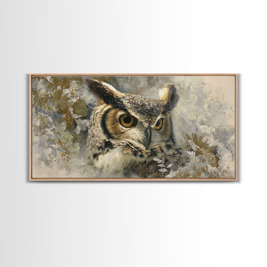 Owl with Moonlit Feathers and Celestial Accents Framed Canvas Print, Animal Art, Nursery, Living Room Decor, Watercolor Art, ANI-2x1-59