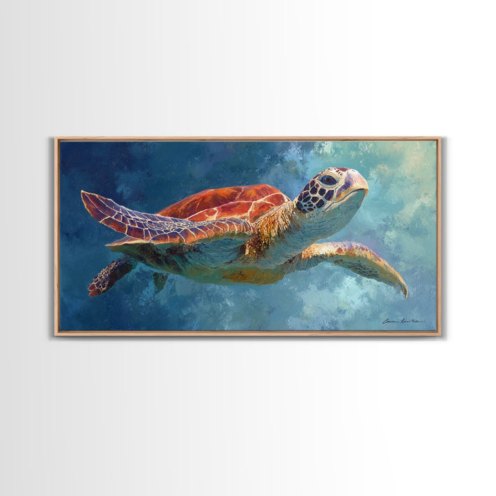 Sea Turtle Drifting Through Luminous Blue Water Canvas Print, Animal Art, Room Decor, Living Room Decor, Oil Painting, Creature, ANI-2x1-62