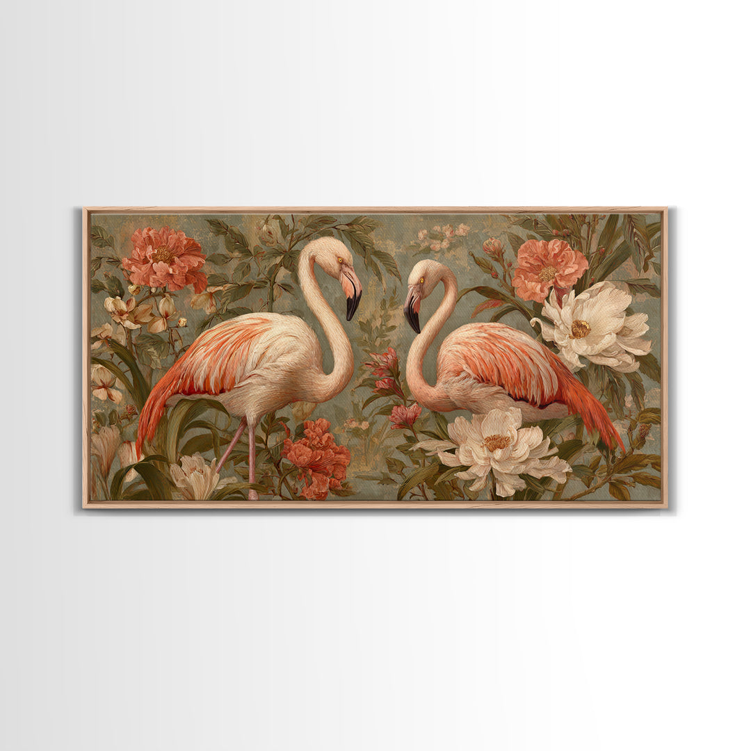 Flamingo Pair in Elegant Coral and Cream Canvas Print, Animal Art, Nursery Wall Art, Living Room Decor, Fine Art, Creature, ANI-2x1-63