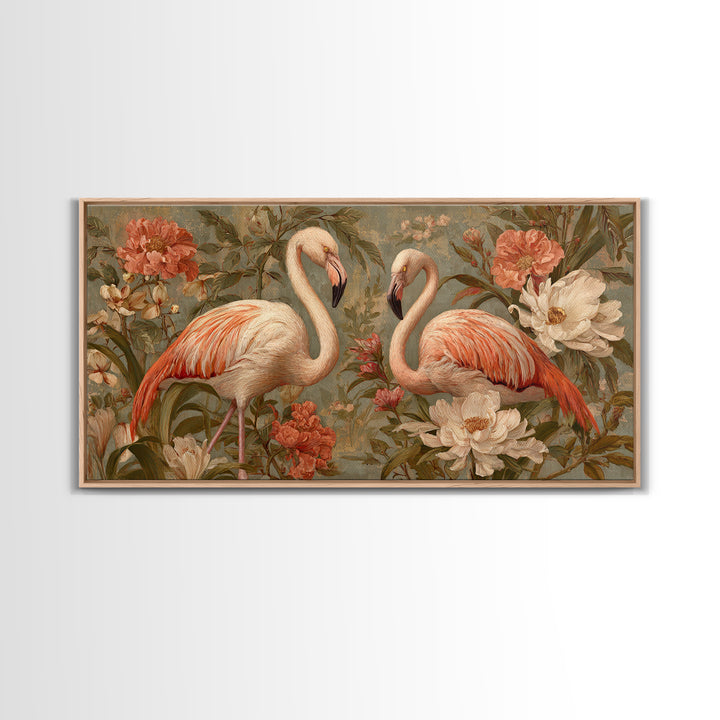 Flamingo Pair in Elegant Coral and Cream Canvas Print, Animal Art, Nursery Wall Art, Living Room Decor, Fine Art, Creature, ANI-2x1-63