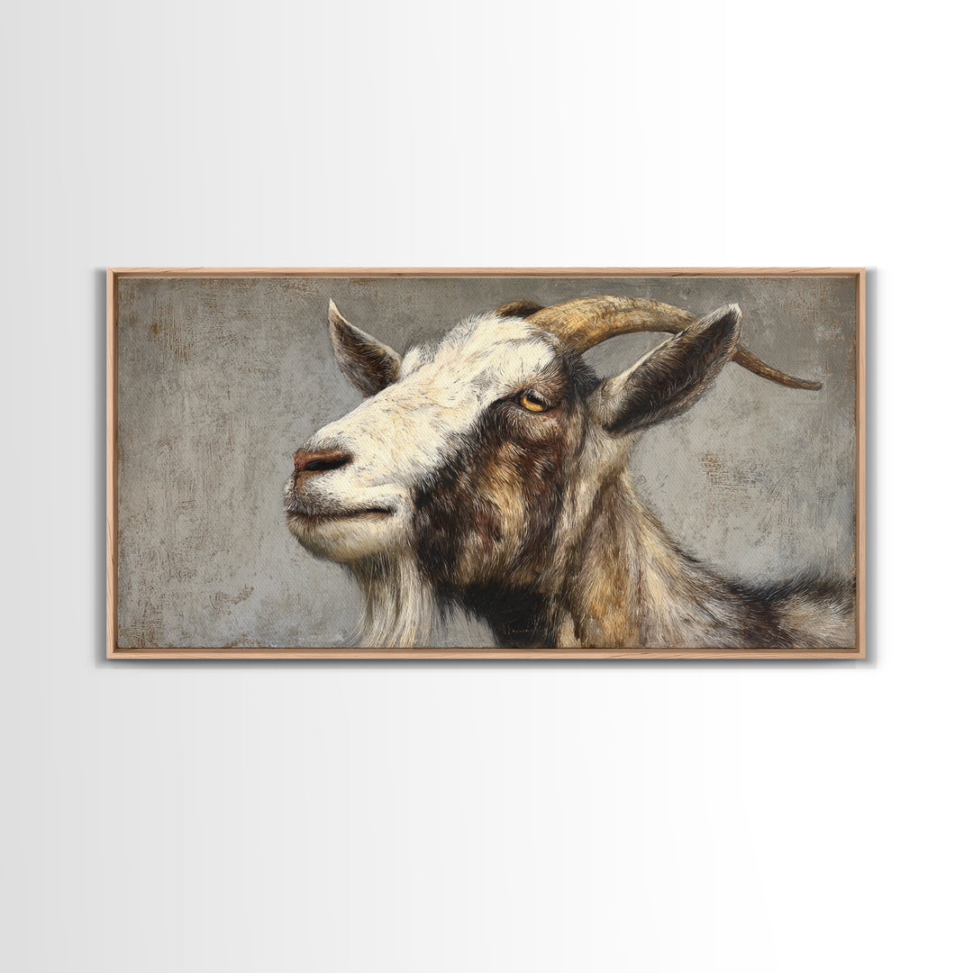 Goat Portrait with Rustic Folk Art Personality Framed Canvas Print, Animal Art, Digital Prints, Living Room Decor, Creature, ANI-2x1-65