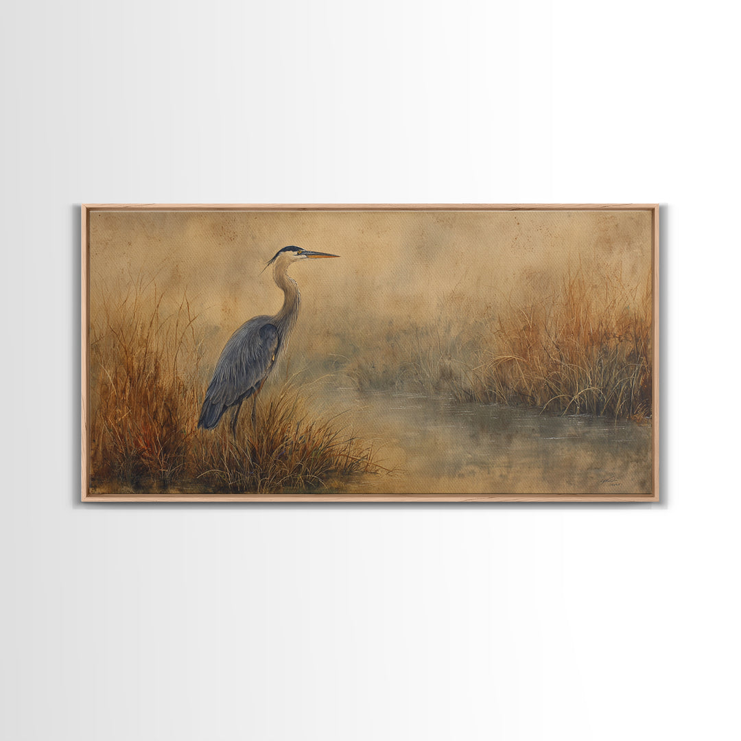 Blue Heron Standing Framed Canvas Print, Animal Art, Art, Living Room Decor, Fine Art, Creature, Original Art, Nursery Wall Art, ANI-2x1-7