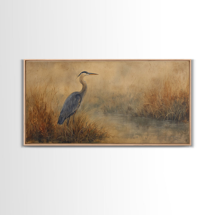 Blue Heron Standing Framed Canvas Print, Animal Art, Art, Living Room Decor, Fine Art, Creature, Original Art, Nursery Wall Art, ANI-2x1-7