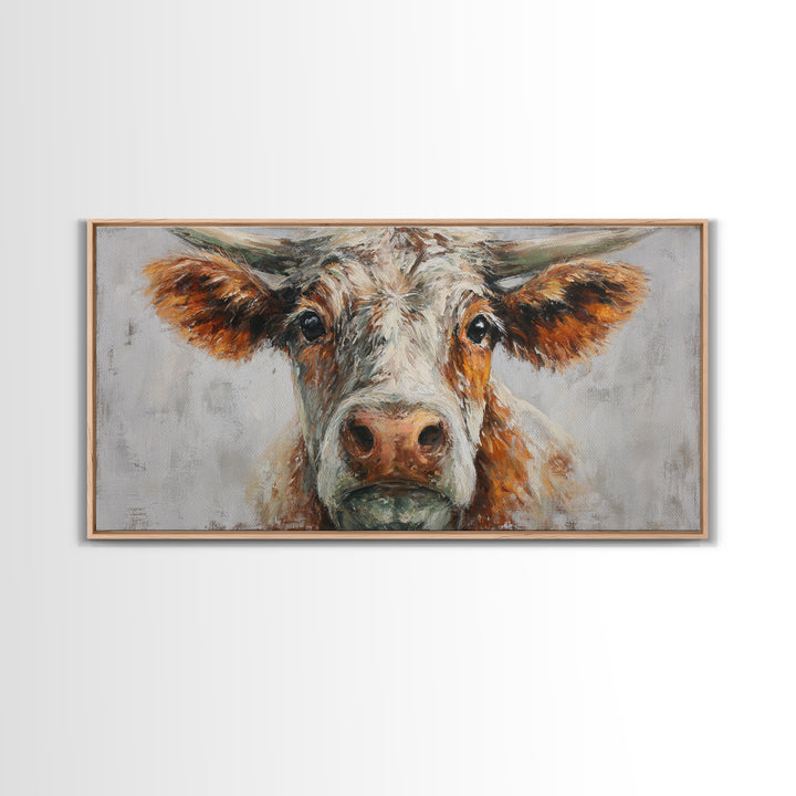Gentle Cow Portrait Framed Canvas Print, Animal Art, Boho Decor, Living Room Decor, Oil Painting, Creature, Digital Prints, ANI-2x1-75