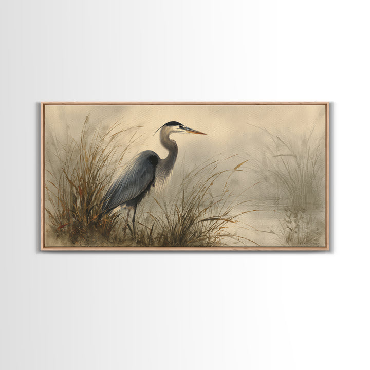 Blue Heron Standing Framed Canvas Print, Animal Art, Nursery Art, Living Room Decor, Fine Art, Creature, Luxury Decor, ANI-2x1-79