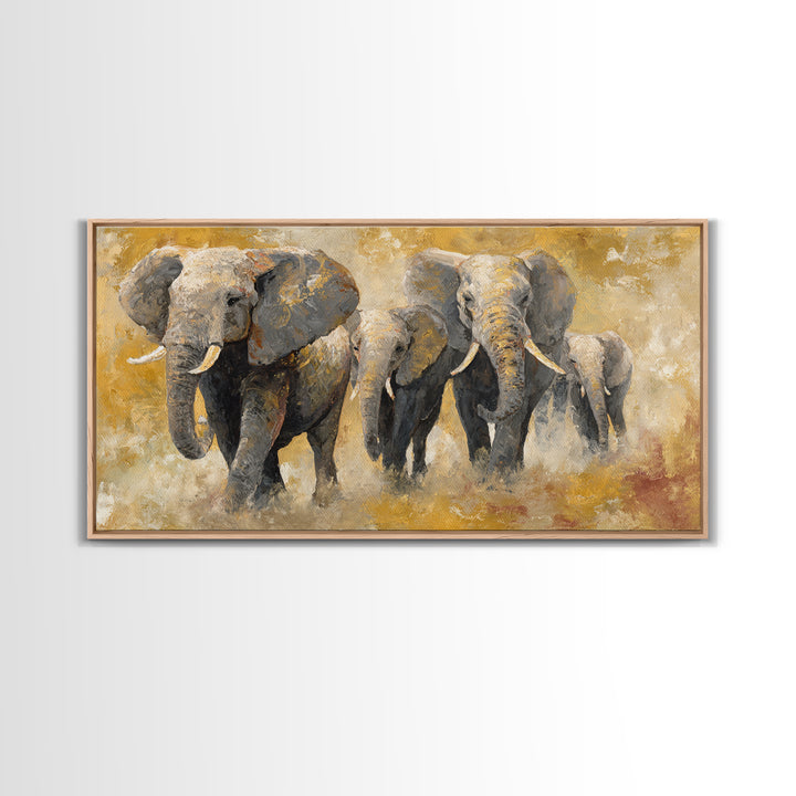 Elephant Family Walking Through Dusty Golden Light Canvas Print, Animal Art, Wall Art, Living Room Decor, Fine Art, Creature, ANI-2x1-82