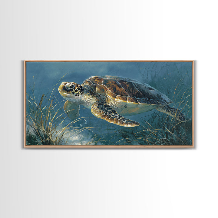 Sea Turtle Drifting Through Luminous Blue Water Framed Canvas Print, Animal Art, Home Decor, Living Room Decor, Creature, ANI-2x1-86