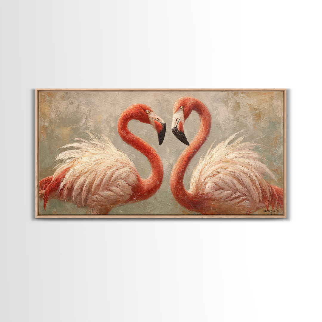 Flamingo Pair in Elegant Coral and Cream Framed Canvas Print, Animal Art, Living Room Decor, Fine Art, Creature, Fine Art Print, ANI-2x1-87