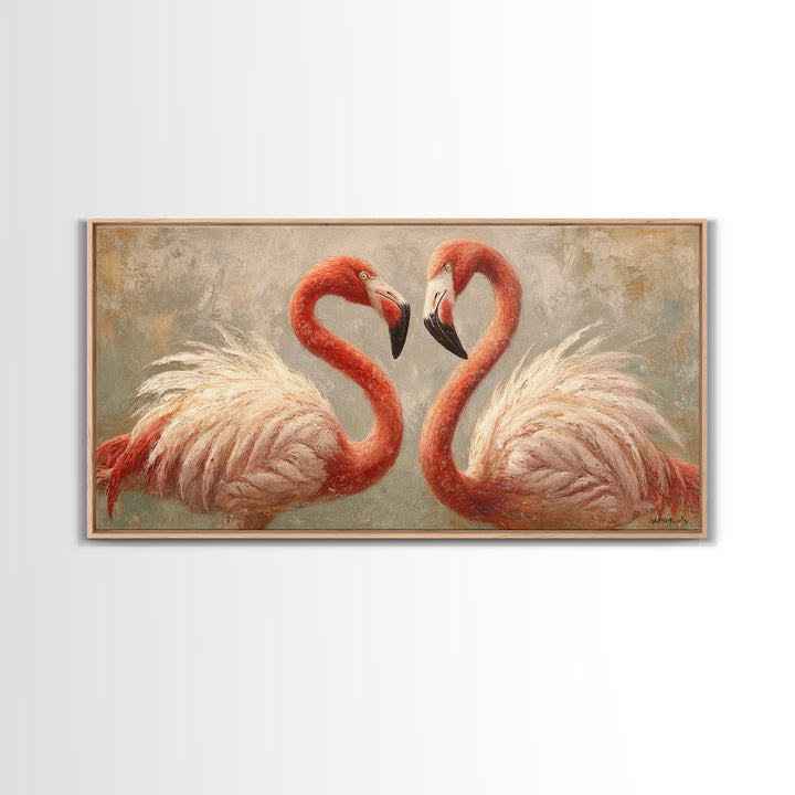Flamingo Pair in Elegant Coral and Cream Framed Canvas Print, Animal Art, Living Room Decor, Fine Art, Creature, Fine Art Print, ANI-2x1-87