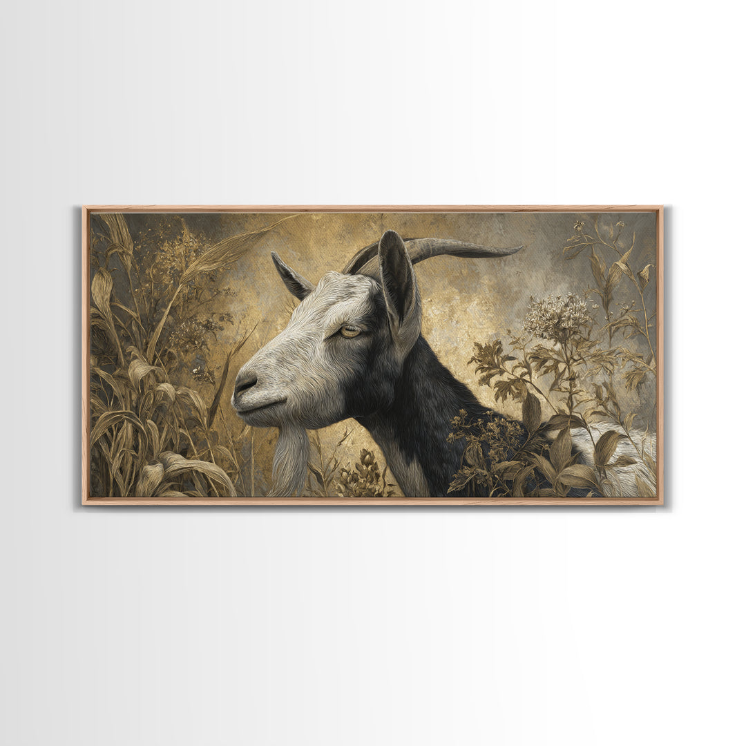 Goat Portrait with Rustic Folk Art Personality Canvas Print, Animal Art, Oil Painting, Living Room Decor, Fine Art, Creature, ANI-2x1-89