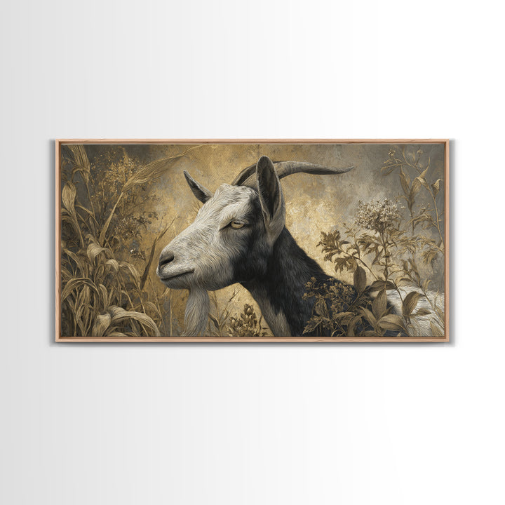 Goat Portrait with Rustic Folk Art Personality Canvas Print, Animal Art, Oil Painting, Living Room Decor, Fine Art, Creature, ANI-2x1-89