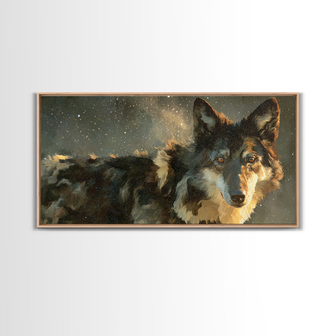Wolf Silhouette Beneath a Star Filled Sky Framed Canvas Print, Animal Art, Art, Living Room Decor, Oil Painting, Creature, ANI-2x1-90