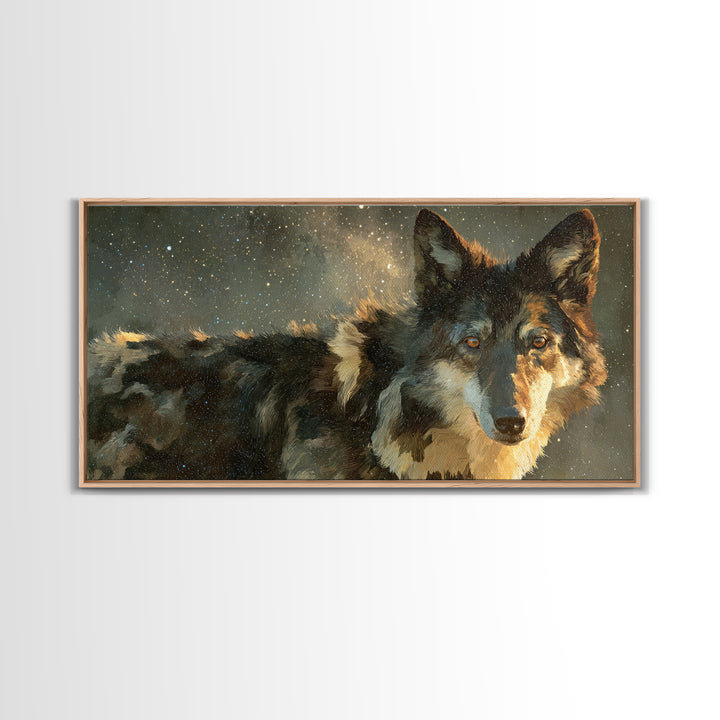 Wolf Silhouette Beneath a Star Filled Sky Framed Canvas Print, Animal Art, Art, Living Room Decor, Oil Painting, Creature, ANI-2x1-90