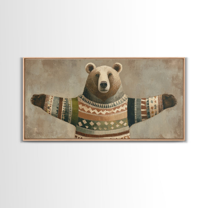 Whimsical Bear in a Patterned Sweater with Canvas Print, Animal Art, Wall Decor, Living Room Decor, Fine Art, Creature, ANI-2x1-94