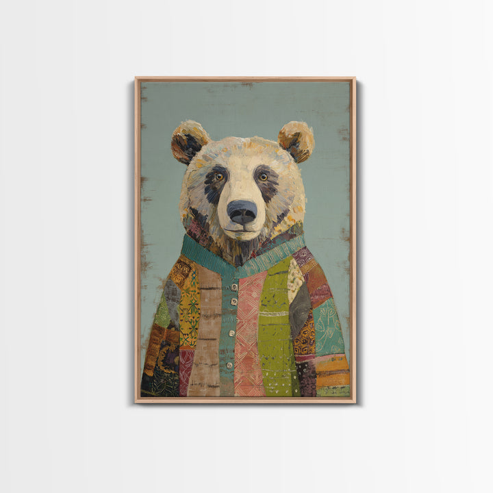 Whimsical Bear in a Patterned Sweater with Canvas Print, Animal Art, Luxury Decor, Living Room Decor, Fine Art, Creature, ANI-2x3-10