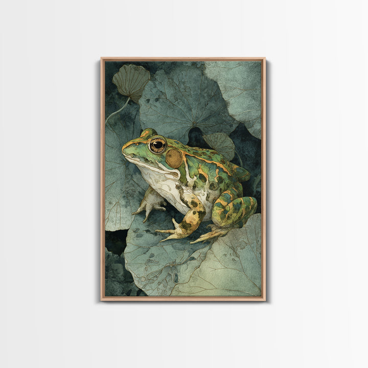 Frog on a Lotus Leaf Framed Canvas Print, Animal Art, Art Print, Living Room Decor, Watercolor Art, Creature, Digital Art, ANI-2x3-100