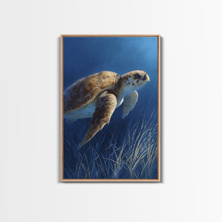 Sea Turtle Drifting Through Luminous Blue Water Framed Canvas Print, Animal Art, Boho Decor, Living Room Decor, Abstract Art, ANI-2x3-2