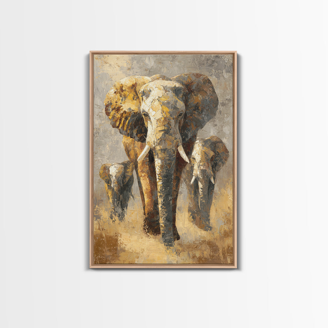 Elephant Family Walking Through Dusty Golden Light Canvas Print, Animal Art, Textured Painting, Living Room Decor, Creature, ANI-2x3-22