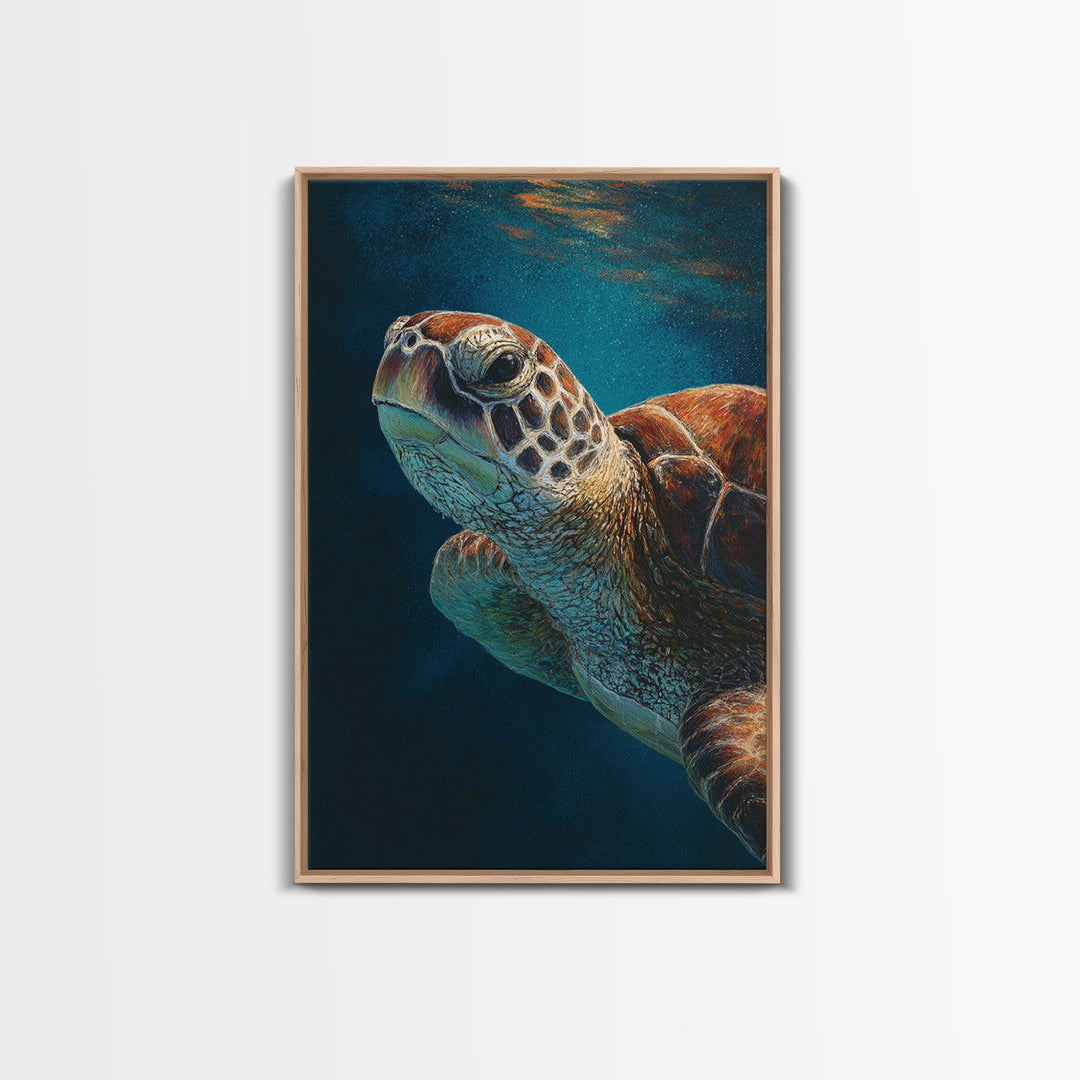 Sea Turtle Drifting Through Luminous Blue Water Framed Canvas Print, Animal Art, Boho Decor, Living Room Decor, Abstract Art, ANI-2x3-26