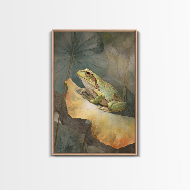 Frog on a Lotus Leaf Framed Canvas Print, Animal Art, Art Deco, Living Room Decor, Oil Painting, Creature, Cat Art, ANI-2x3-28