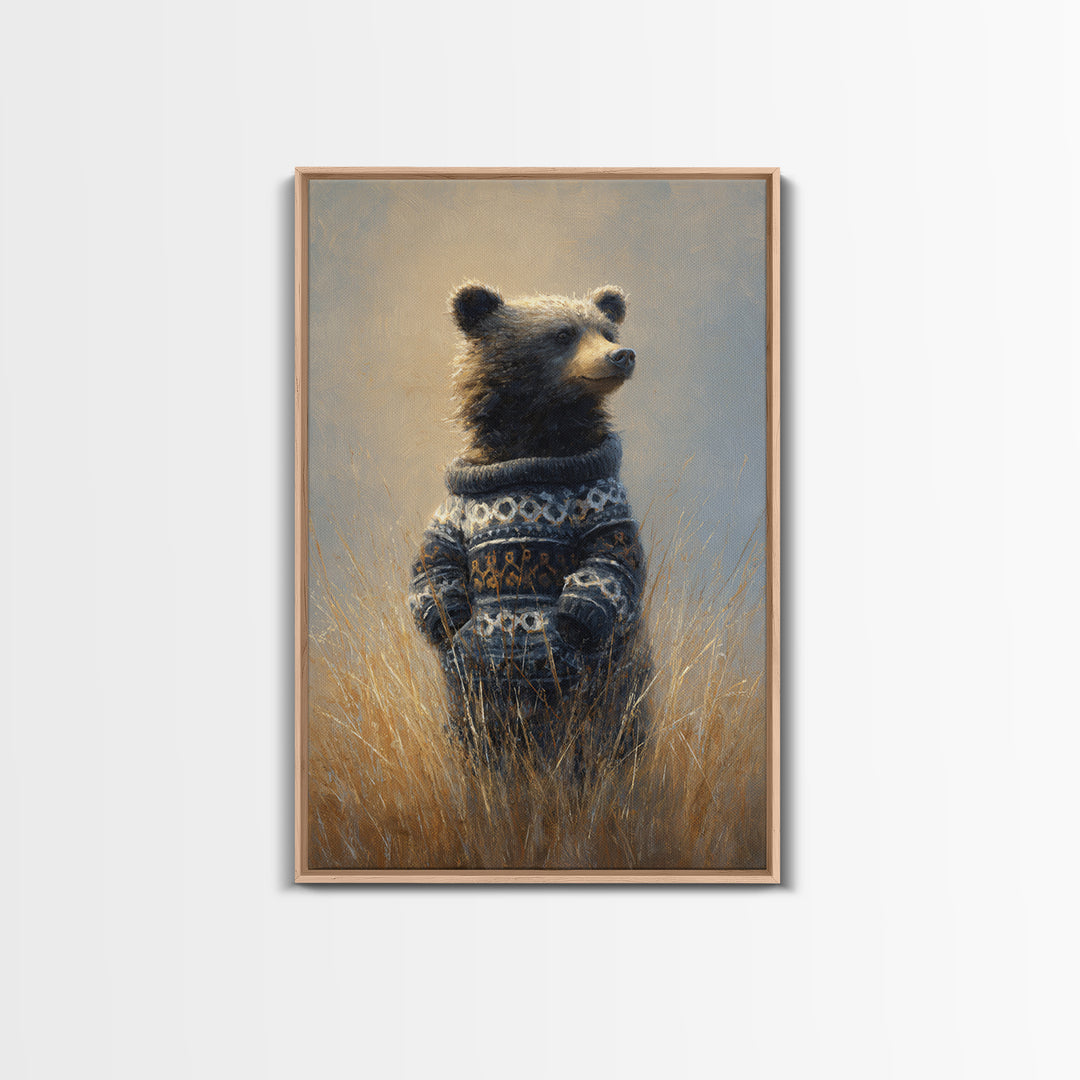 Whimsical Bear in a Patterned Sweater with Framed Canvas Print, Animal Art, Contemporary Art, Living Room Decor, Creature, ANI-2x3-34