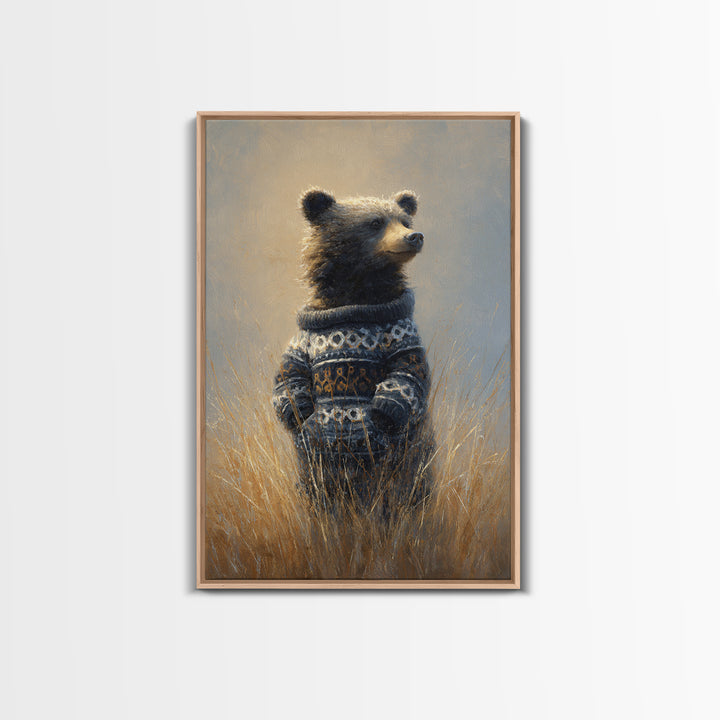 Whimsical Bear in a Patterned Sweater with Framed Canvas Print, Animal Art, Contemporary Art, Living Room Decor, Creature, ANI-2x3-34