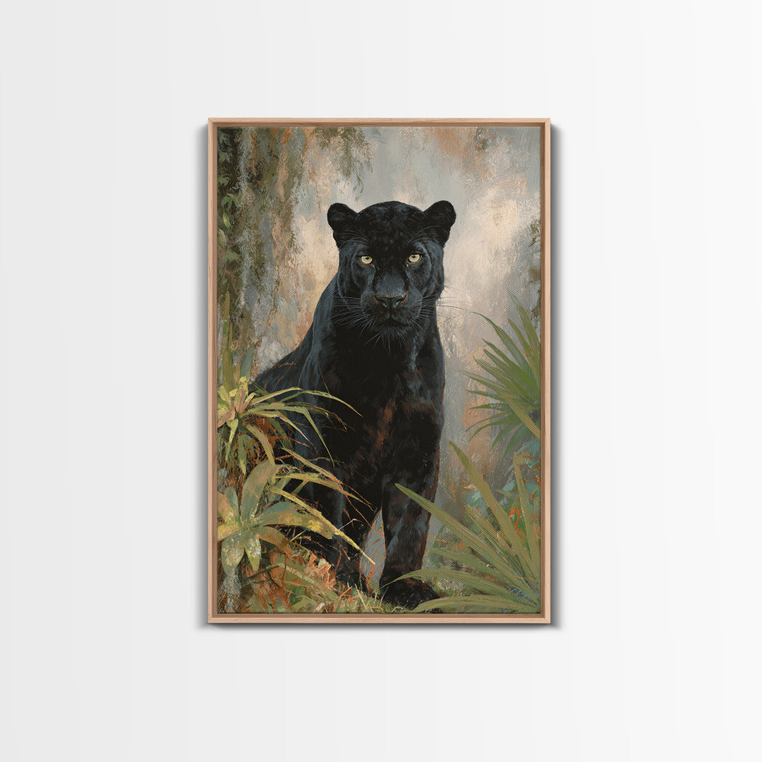 Dramatic Black Panther Emerging from Deep Jungle Framed Canvas Print, Animal Art, Wall Art, Living Room Decor, Creature, ANI-2x3-38
