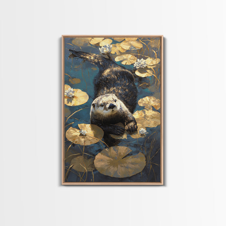 Playful Otter Floating Among Lily Pads Canvas Print, Animal Art, Fine Art Print, Living Room Decor, Fine Art, Creature, ANI-2x3-40