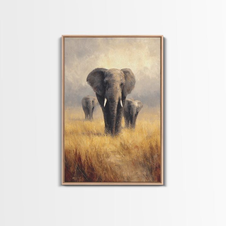 Elephant Family Walking Through Dusty Golden Light Canvas Print, Animal Art, Textured Painting, Living Room Decor, Creature, ANI-2x3-46