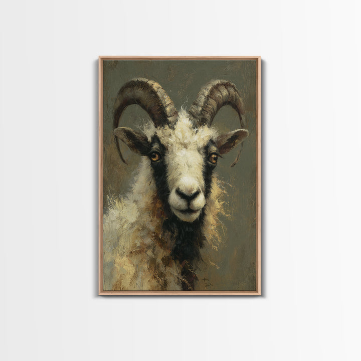 Goat Portrait with Rustic Folk Art Personality Framed Canvas Print, Animal Art, Digital Art, Living Room Decor, Oil Painting, ANI-2x3-53