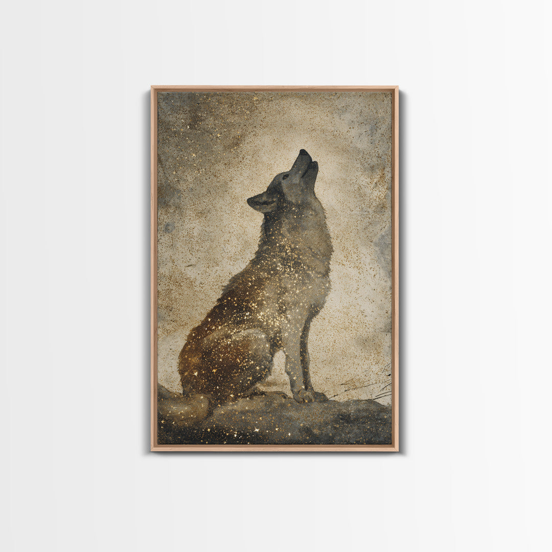 Wolf Silhouette Beneath a Star Filled Sky Canvas Print, Animal Art, Minimalist Decor, Living Room Decor, Fine Art, Creature, ANI-2x3-54