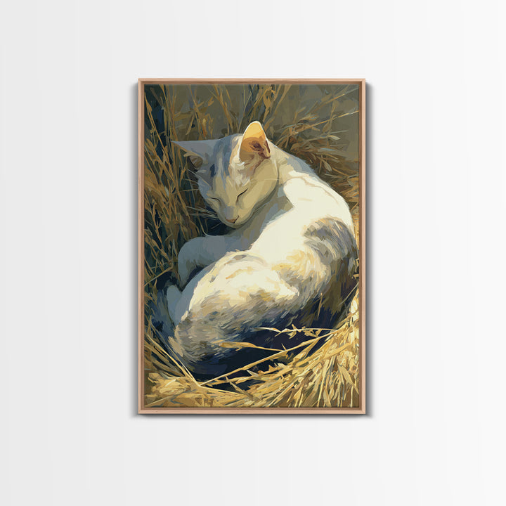 Sleeping Cat Curled Framed Canvas Print, Animal Art, Printable, Living Room Decor, Fine Art, Creature, Nursery, Boho Wall Art, ANI-2x3-68