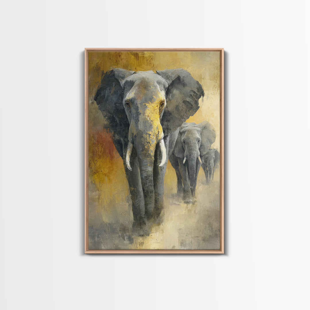 Elephant Family Walking Through Dusty Golden Light Canvas Print, Animal Art, Art, Living Room Decor, Fine Art, Creature, ANI-2x3-70