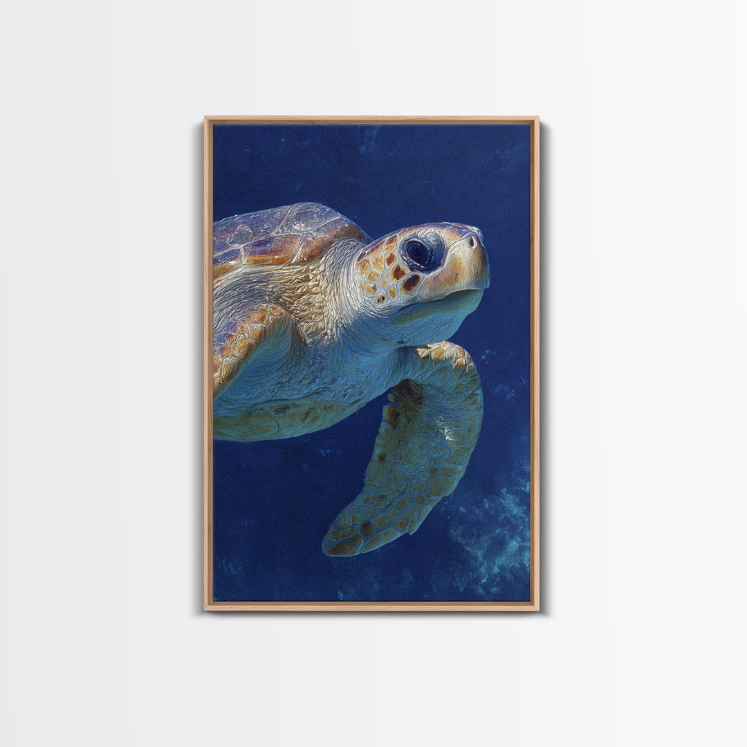 Sea Turtle Drifting Through Luminous Blue Water Framed Canvas Print, Animal Art, Living Room Decor, Watercolor Art, Creature, ANI-2x3-74