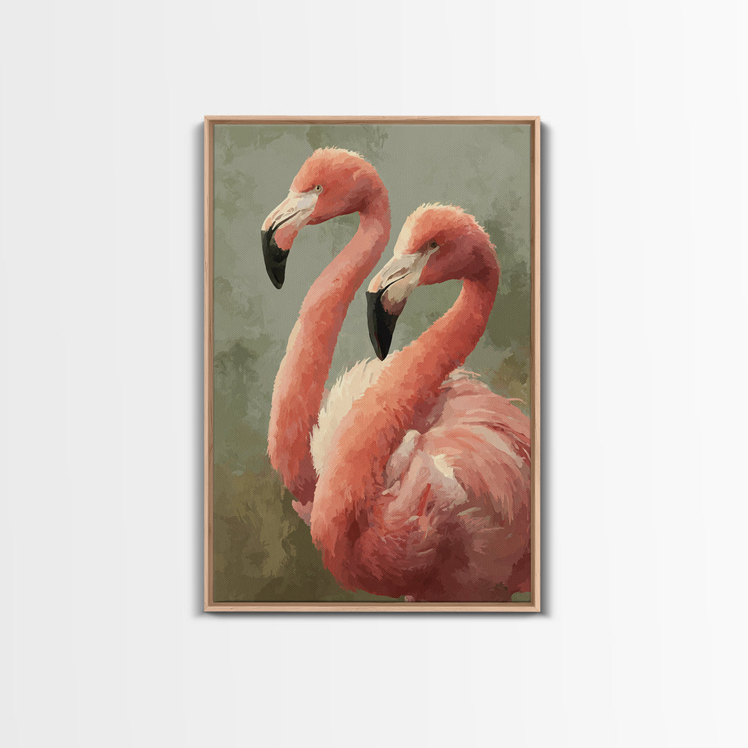 Flamingo Pair in Elegant Coral and Cream Framed Canvas Print, Animal Art, Digital Art, Living Room Decor, Fine Art, Creature, ANI-2x3-75