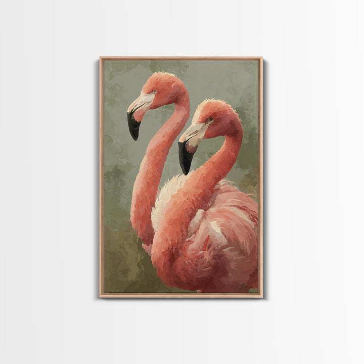 Flamingo Pair in Elegant Coral and Cream Framed Canvas Print, Animal Art, Digital Art, Living Room Decor, Fine Art, Creature, ANI-2x3-75