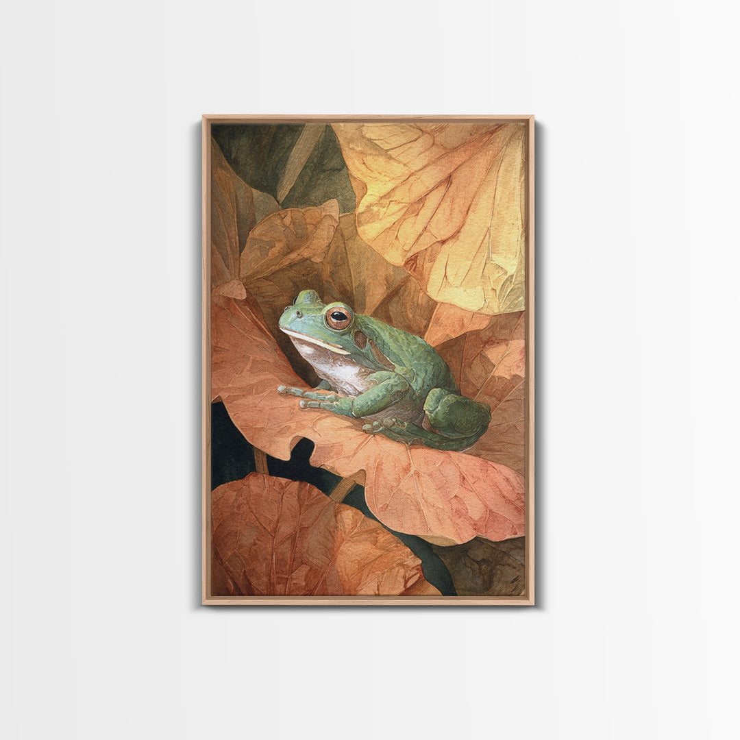 Frog on a Lotus Leaf Framed Canvas Print, Animal Art, Nursery Wall Art, Living Room Decor, Fine Art, Creature, Trendy Wall Art, ANI-2x3-76