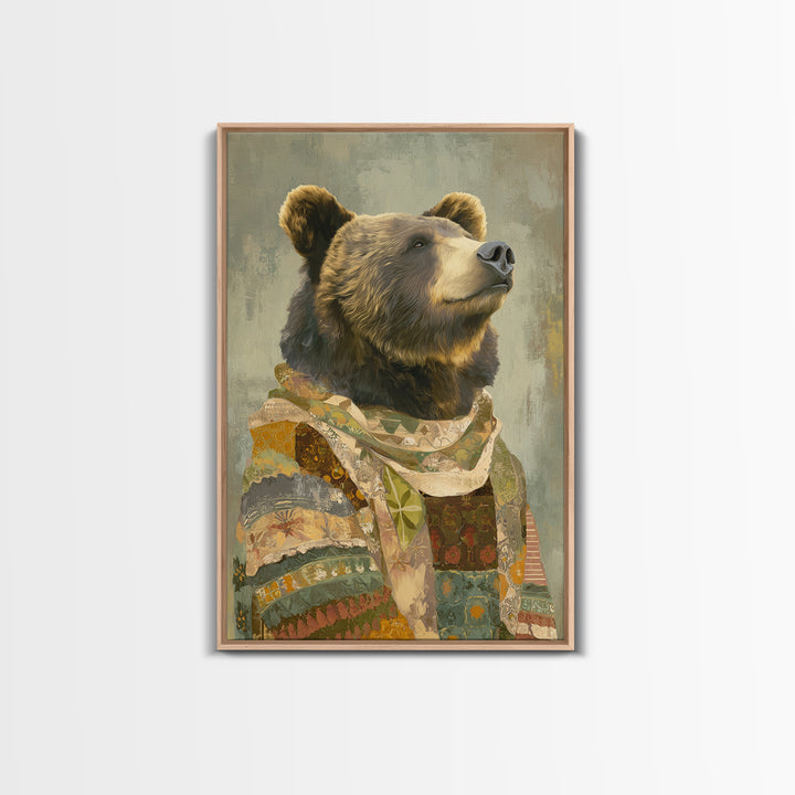 Whimsical Bear in a Patterned Sweater with Canvas Print, Animal Art, Digital Prints, Living Room Decor, Fine Art, Creature, ANI-2x3-82