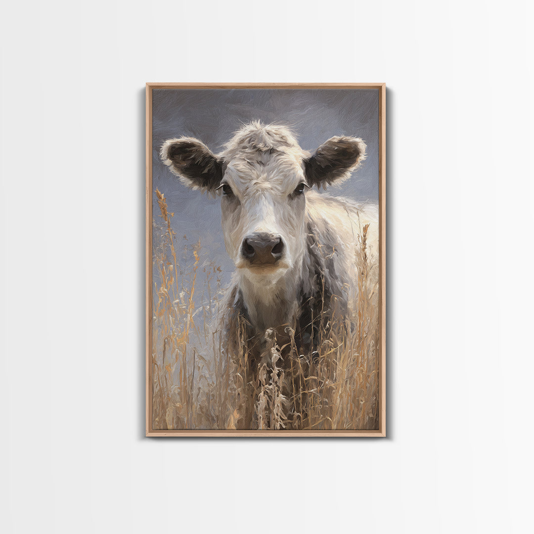 Gentle Cow Portrait Framed Canvas Print, Animal Art, Nursery Wall Art, Living Room Decor, Fine Art, Creature, Trendy Wall Art, ANI-2x3-87