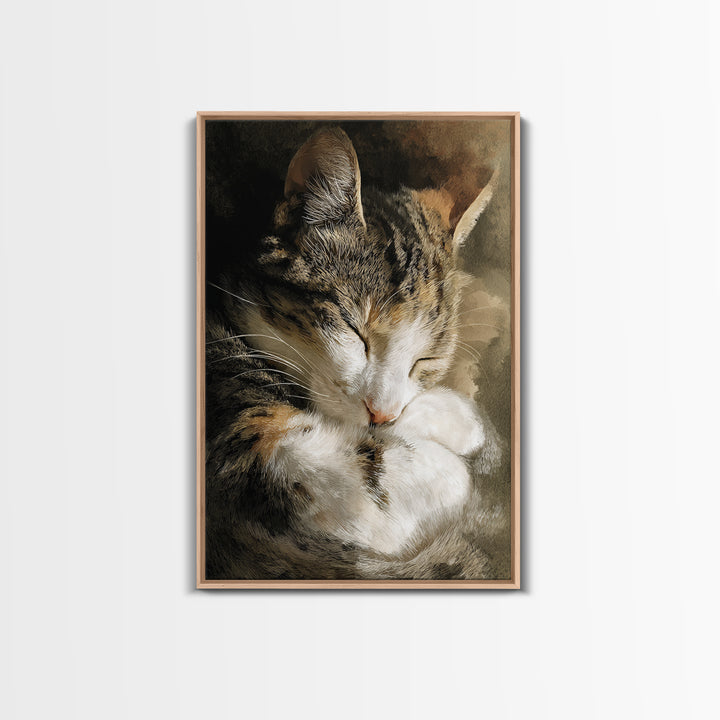 Sleeping Cat Curled Framed Canvas Print, Animal Art, Gallery Decor, Living Room Decor, Abstract Art, Creature, Contemporary Art, ANI-2x3-92