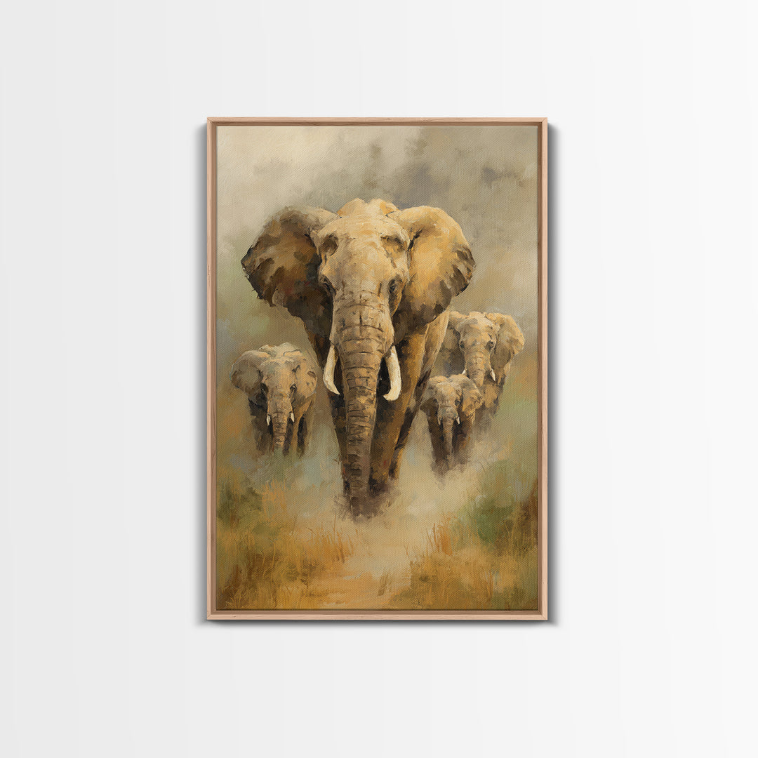 Elephant Family Walking Through Dusty Golden Light Framed Canvas Print, Animal Art, Printable, Living Room Decor, Creature, ANI-2x3-94